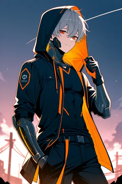 A male cyborg assassin with black clothing and hood on