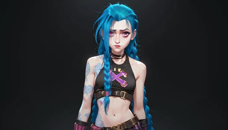 score_9, score_8_ upwards, score_7_ upwards, Jinx,  woman with blue hair and black top,  loose hair, without tails , keeps his hands to his chest,   voluminous hair slim figure, black top,  tight striped pants ,, red and pink eyes ,  hair is loose,  1girl,...