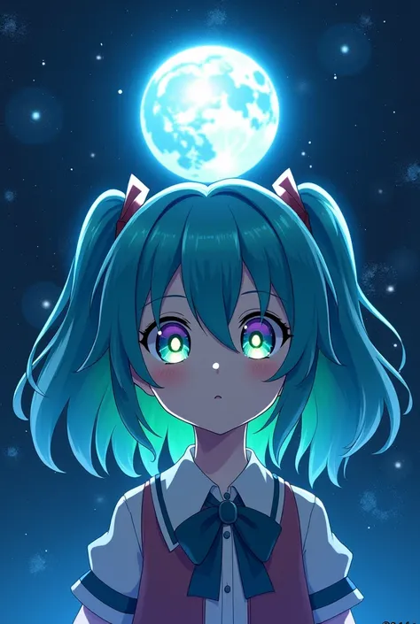 ( high-quality photo) Tierra chan  (anime) In space looking to the front with cosmic eyes blue and green hair in the shape of the you contain(The miniature moon above it) And behind them are giant luminous white eyes that break space and time 