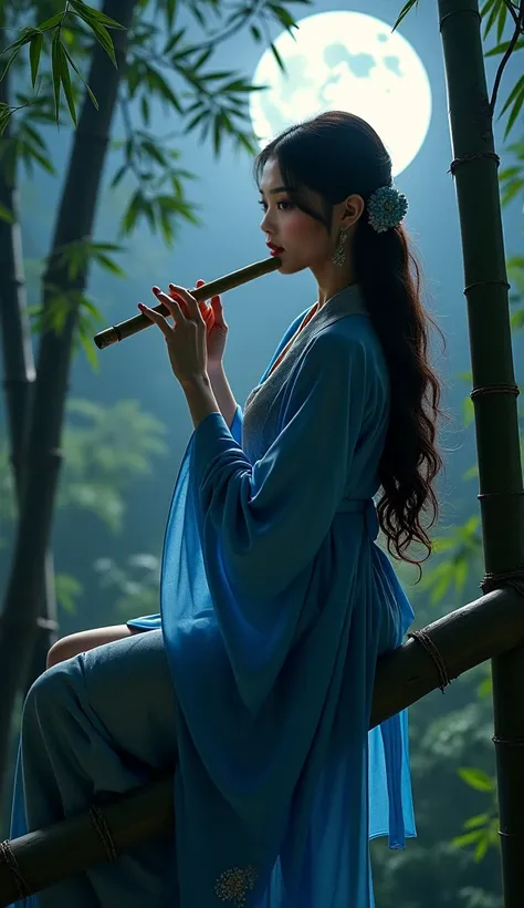 Under the soft glow of the full moon, a mesmerizingly beautiful woman sits gracefully on a thick bamboo stalk, surrounded by a tranquil grove. She wears an elegant silk kimono in shades of deep blue and silver, its delicate fabric slipping slightly to reve...