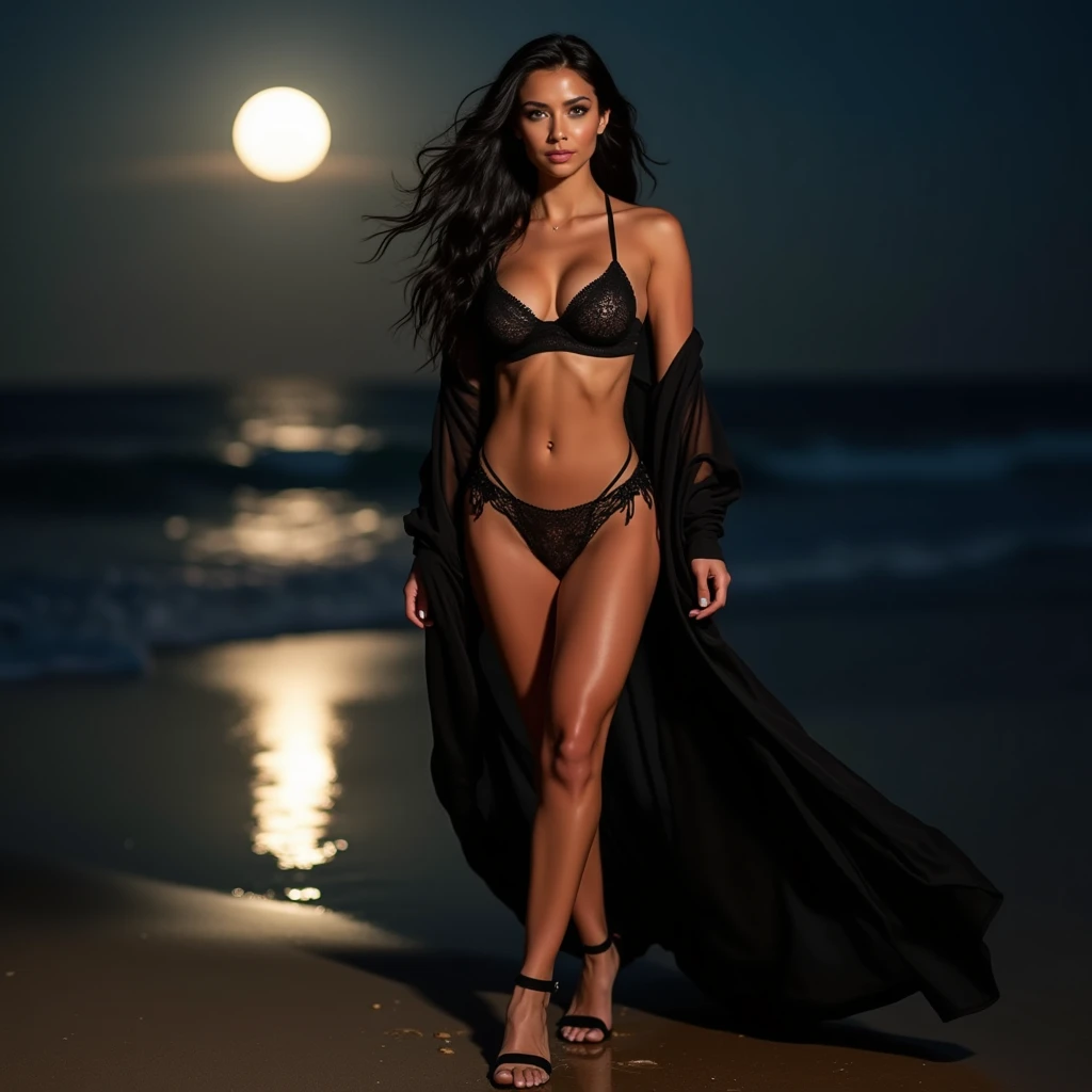 Realistic photo of an aged 28 Columbian Instagram model, green eyes. big breasted EE-cup with super large breasts. well built soaking wet sexy body. curvy muscular thighs . long flowing dark black hair blowing in the wind. wearing a black fishnet bikini, w...