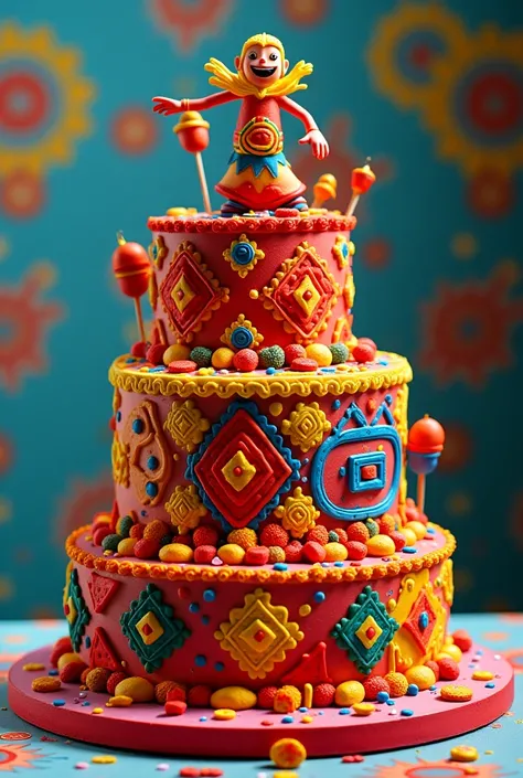 Use this image to create a cake of a flat with a tintuks theme Bolivian dance.