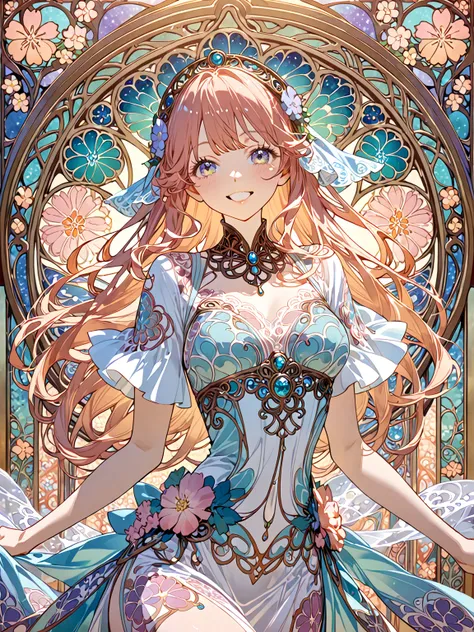 A beautiful woman in the style of Alphonse Mucha combined with anime aesthetics, elegant and decorative art nouveau patterns, flowing hair with intricate details, soft and delicate facial features, large expressive anime-style eyes, pastel colors, floral a...