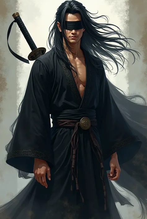  anime style. HANDSOME YOUNG ASIAN SUPERHERO WITH LONG BLACK HAIR,  WHO HAS A KATANA ON HIS BACK AND WEARS A TRADITIONAL ASIAN BUDDHIST BLACK COSTUME. SHE WEARS BLACK BLINDFOLDS THAT COVER HER EYES