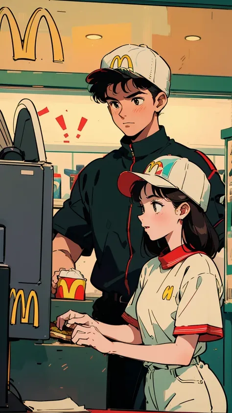 Best picture quality, 90s style animation, 21 year old boy and girl talking inside store, black hair, light brown eyes, McDonald's, wearing red, white and yellow uniform, red hat, 90s fashion, 90s style animation, black hair, cash register counter, hamburg...