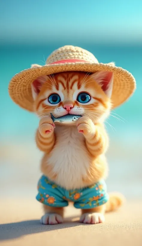 kitten ,                              bright                ,     cute blue eyes                              ,        (       Put a small fish next to your mouth  )         ,    ,                      beach background gradation               ,       ((  w...