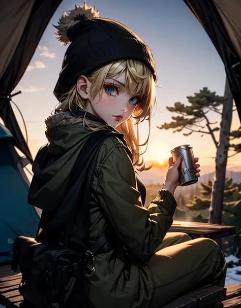 A professional outdoor photography of a beautiful young blond woman camping the wood; Asian woman; she wearing an fleece jacket, sweatpants and gray wool hat; she sitting outside of her orange tent on a wood log; she holding a thermos; a light-up camping l...