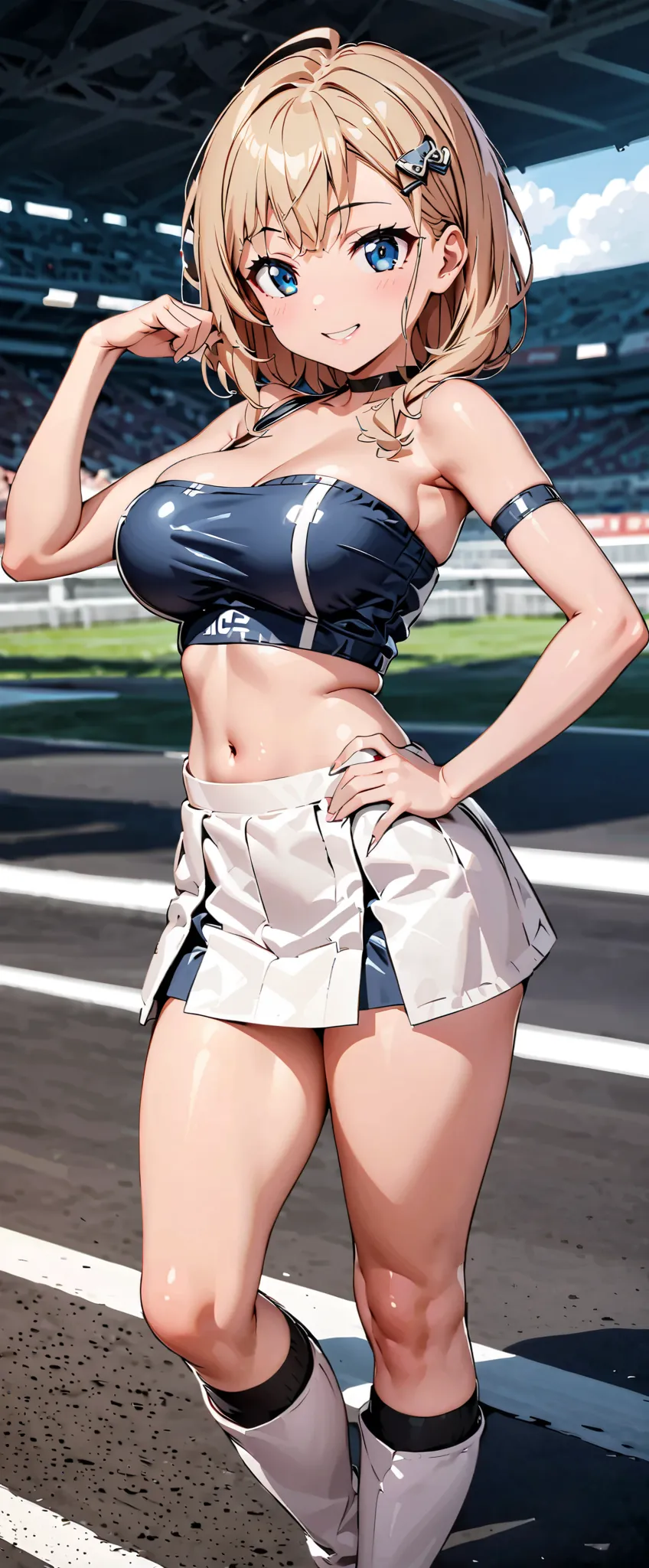  top quality,  ultra high resolution,  One person,  Big Breasts,  Black Choker, smile,  exposes shoulders,  focus only ,  Watch Viewers ,Fair skin,Car racing track, photon mapping to viewers,  Physically Based Rendering,  RAW photos ,  very detailed backgr...