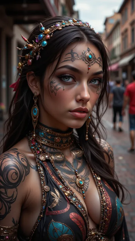  wearing this indigenous traditional costume ，Native style exquisite tattoo of the face，tattoo，Empty eyes ， Aqua Blue Eyes ， Exquisite Five Commandments， Exquisite tattoo of the face of a beautiful Aboriginal girl ， full body photo， background with tribal ...