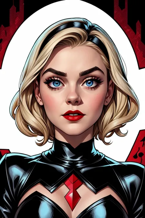 Sabrina Spellman from "Chilling Adventures of Sabrina" whose facial features are a combo of Kiernan Shipka + Melissa Joan Hart. Sabrina wears a black lace-and-leather dress. Sabrina has lovely makeup on her face. Sabrina wears red lipstick. "Chilling Adven...