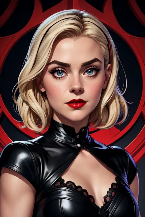 Sabrina Spellman from "Chilling Adventures of Sabrina" whose facial features are a combo of Kiernan Shipka + Melissa Joan Hart. Sabrina wears a black lace-and-leather dress. Sabrina has lovely makeup on her face. Sabrina wears red lipstick. "Chilling Adven...