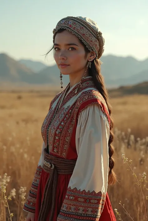 describe to me a real Kazakh girl with historical clothes, describe each shape in detail and prompt me with this text