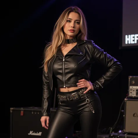 A photo-realistic picture of a brunette woman with lighter locks, beautiful Brazilian woman in her 30s, wearing a leather rock and roll stage outfit, posing on a stage, casual photo, bad lighting, Snapchat picture. Instagram picture, amateur shot.