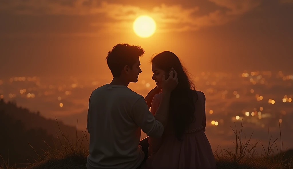 "A romantic and emotional Bollywood-style thumbnail inspired by Chahu Main Ya Naa. A young couple sits close on a misty hilltop under a glowing full moon, lost in each other's eyes. The boy gently tucks a strand of the girl's hair behind her ear, while she...