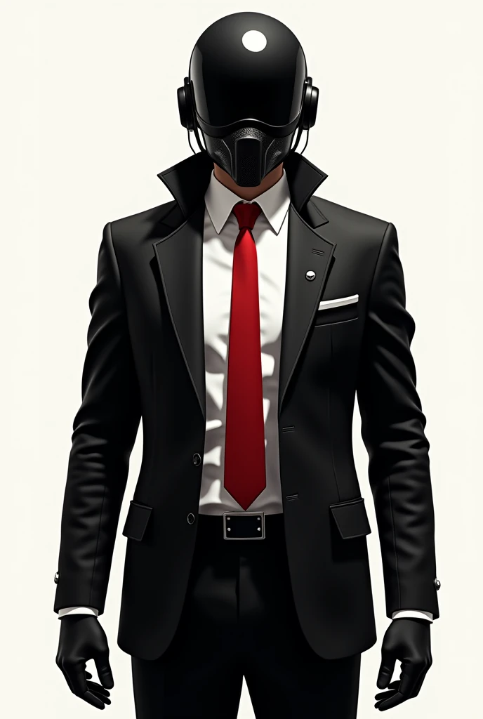 Character with a closed black **combat** pilot helmet, black suit with a white shirt, red tie, and black gloves, drawn in a simple and minimalist style.