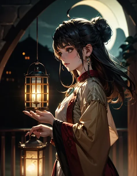 1girl, solo, beautifl long hair, Bun Head, Lantern earrings, the earrings are luminous, Women's traditional clothing, holding a lantern in his hand, BREAK Beautiful and colorful lanterns\Shine brightly\Detailed decoration, 
((masterpiece, best quality, ext...