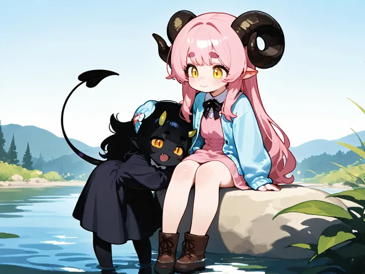 2girls:1.5, (masterpiece, best quality, amazing quality, very aesthetic, absurdres, newest, good anatomy), (1girl\Pink fluffy long hair, ram horns, thick eyebrows: 1.1, black dress, barefoot) BREAK (devil girl\hzkawaii, kawaii, yellow eyes, demon horns, bl...