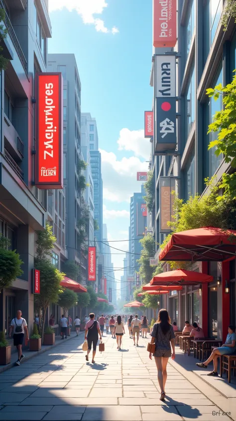 Ultra-realistic photo of a modern city street in 2025, sunny day, natural light, a few people walking, Jwayzs-branded banners and signs in the background, casual urban atmosphere, --ar 9:16 --v 6