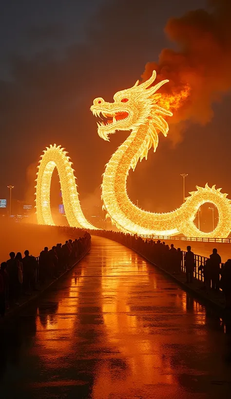 A majestic dragon-shaped bridge at night, breathing fire into the dark sky. The bridge is illuminated with golden lights, and a crowd of people watches from the sides. The scene has a dramatic and awe-inspiring atmosphere, with reflections of the fire on t...