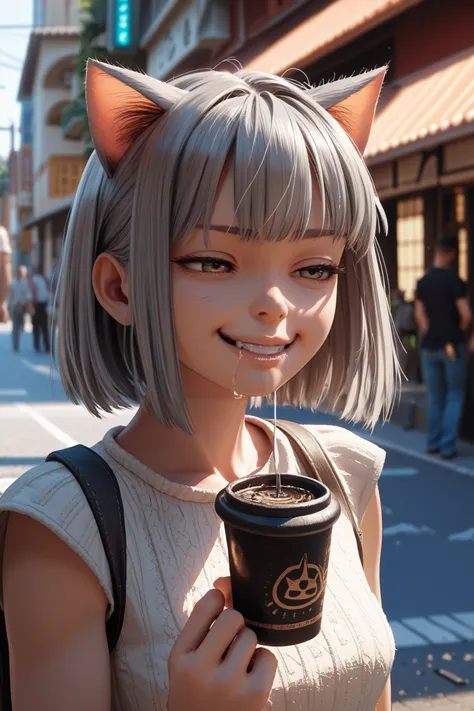  score_9,  score_8_ up the side, 4K, 8k, Detailed faces,  source_Anime,  Art Station, grow,  Intricate Details, Depth of field,  flat shading to drip saliva into a cup, break，Gray Hair, rating_i doubt it, street,  smug ，Beautiful Youth，Cat ears