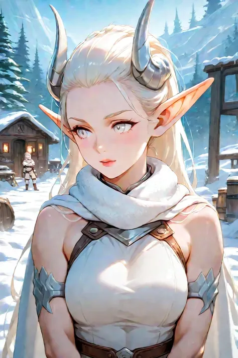 Lady with white snake scales covering her neck, shoulder and arms. Two silver horns on the side of her head that are swept back.  white eyes with a. wearing white adventure gear. long elf like ears with no earrings on them. standing outside a tavern by her...