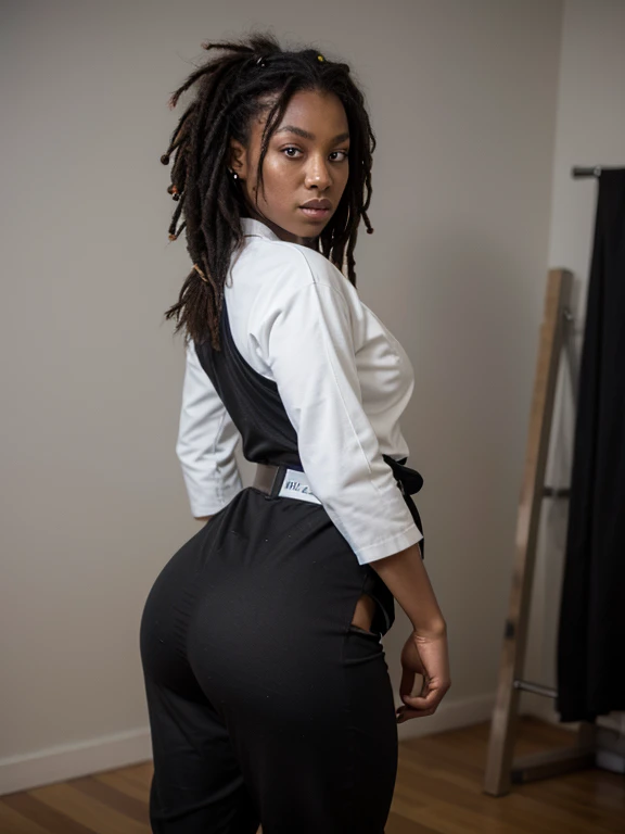 African black woman, very dark ebony skin, icy gaze, dreadlocks, Fitness musclular body, judo suit, black belt, dojo, portrait, booty 