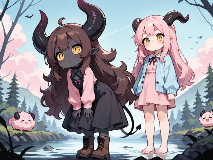 2girls:1.5, (masterpiece, best quality, amazing quality, very aesthetic, absurdres, newest, good anatomy), (1girl\Pink fluffy long hair, ram horns, thick eyebrows: 1.1, black dress, barefoot) BREAK (devil girl\hzkawaii, kawaii, yellow eyes, demon horns, bl...