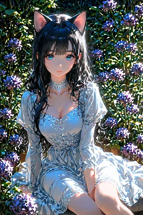 the anime girl in her dress is sitting next to plants and some purple plants, 1girl, animal ears, solo, long hair, blue eyes, sitting, looking at viewer, black hair, plant, cat ears, dress