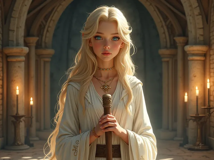 1girl, light blonde hair, blue eyes, healer, cleric, medieval theme, she has a wooden staff on her hands