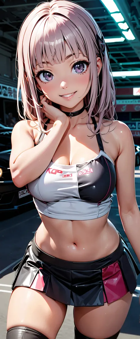  top quality,  ultra high resolution,  One person,   small breasts,  Black Choker, smile,  exposes shoulders,  focus only ,  Watch Viewers ,Fair skin,Car racing track, photon mapping to viewers,  Physically Based Rendering,  RAW photos ,  very detailed bac...