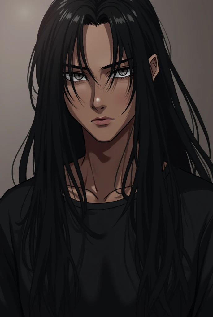 A dark warm tanned anime man with a gothic style with long straight silky black hair that cascades down his shoulders to his waist. Despite having Long hair he’s still very masculine looking. He has grey hazel eyes. He is 6’8 and quite muscular.