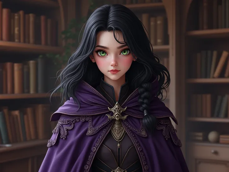 1girl, piercing emerald-green eyes and raven-black hair, small practical braid on the side, her attire combines practicality and mysticism, featuring a long dark violet cloak adorned with silver embroidery. Beneath the cloak she wears a fitted leather outf...