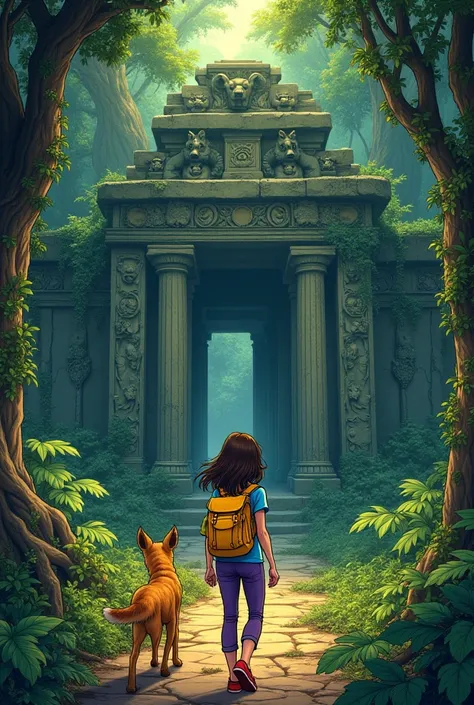 Comic style book illustration,  friendly  of A Mimi,   girl  in dark brown hair and a yellow back pack, a blue short sleeve t-shirt and ankle size purple trousers and red shoes carrying a glowing ancient map standing beside a sleek golden jackal through a ...