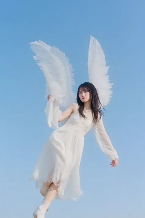 A woman who appears to be jumping from a high place and flying,Background is blue sky,He has white feathers on his back
