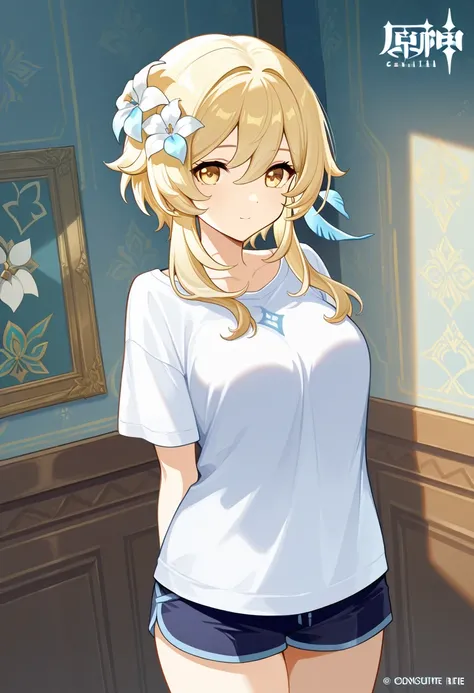 masterpiece,best quality,official art,wallpaper,absurdres, beautiful detailed face,detailed texture,detailed skin,detailed BREAK 1girl,Genshin Impact,source_Genshin Impact,lumine,flower hair accessary,shirt,shorts,room