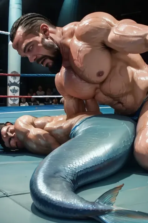 Muscular men with blue mermaid tail lying rage on wrestling ring. Merman is wet and oiled ,  cracked and greasy. It is very much oiled and wet. black hair, black beard.