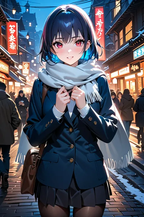 1 girl, masterpiece,  high resolution, accurate,  high detail,  top quality, Anatomically correct, detailed hand, detailed fingers, 5 fingers,
, break, 
A high school girl with short blue hair and striking red eyes poses for a photo on a snowy city street ...