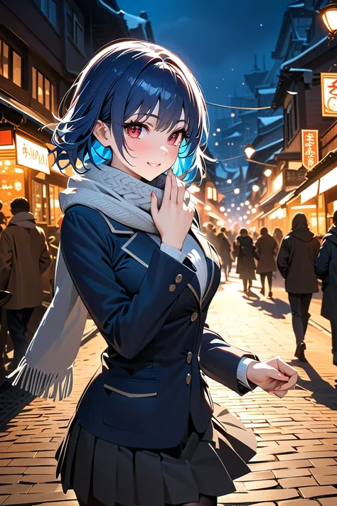 1 girl, masterpiece,  high resolution, accurate,  high detail,  top quality, Anatomically correct, detailed hand, detailed fingers, 5 fingers,
, break, 
A high school girl with short blue hair and striking red eyes poses for a photo on a snowy city street ...