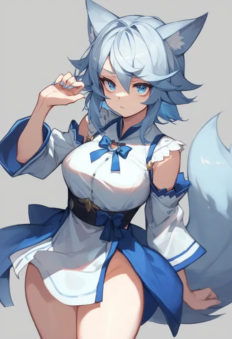 (masterpiece:1.2, best quality:1.2) expressive eyes, perfect face, 22 years old girl, wolf ears, wolf tail, cosplay, bitch girl in chill outfit, ((silver hair)), (silver blue hair), blue eyes, no panties