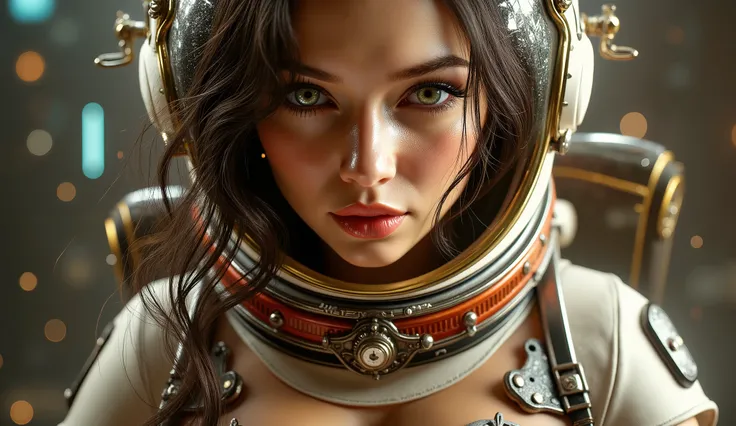 steampunked female astronaut in a sexy bikini corset outfit and astronaut helmet. Huge chests and cleavage.
 a huge firm breast , big ass, long hair, revealing female outfit Industrial The image is rendered in photorealistic detail, with a focus on realism...