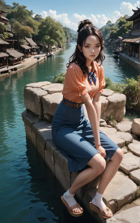 smiling adorble woman, sitting on marble seat, canal background, nice sky, southeast asia landscape, BREAK, (forehead, long straght hair, half updo, black hair), BREAK, ((light-blue short sleeves collared shirt, peach-orange short puff sleeves blouse, dark...