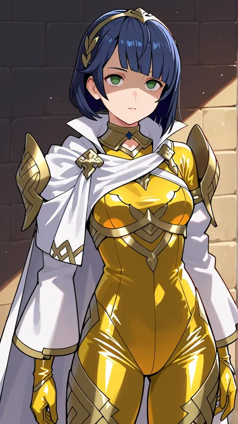 Alfonse (fire emblem),neutral, expressionless, standing, looking at viewer, (((blunt cut, bob, blunt bangs, bob cut))), wiry, gloves, choker, gold bodysuit, white shoulder,cowboy shot,Shaded face, rolling eyes, no pupils, 1girl, solo, dark blue hair, green...