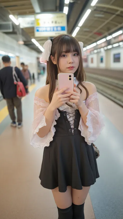 A Japanese girl in her teens wearing minefield fashion on the platform of a train station in Tokyo where many people come and go、Keep your long hair together with a hair clip、Wear a light pink lace layered ruffle bijou blouse with open shoulders and a blac...