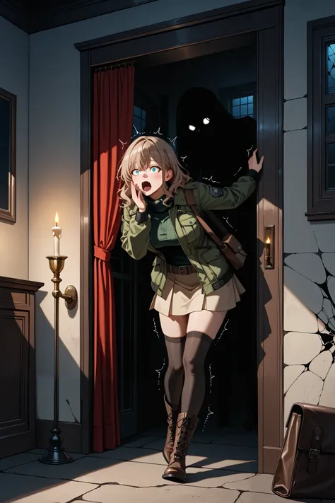 score_9, score_8_ up, score_7_ up, score_6_ up, score_5_ up, score_4_ up, dark abandoned mansion, 1girl, Walking with a golden candlestick lit by a candle, shoulder-length wavy hair, light brown, loose strands framing her face, fitted turtleneck sweater, d...