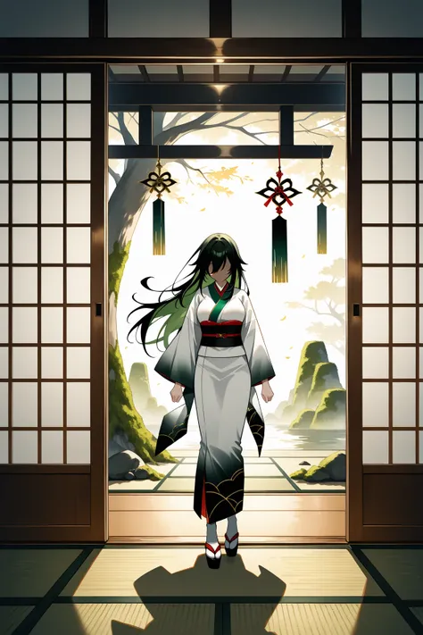  Edo Period Haunted House, Decaying tatami mat , torn sliding door, Bloodstained Folding Screen , Ghost Woman（Pure white kimono、 long dark hair、 faceless）,  pale moonlight ,  Foggy Garden ,  ink painting style,  eerie silence ,  floating belt ,  dark green...