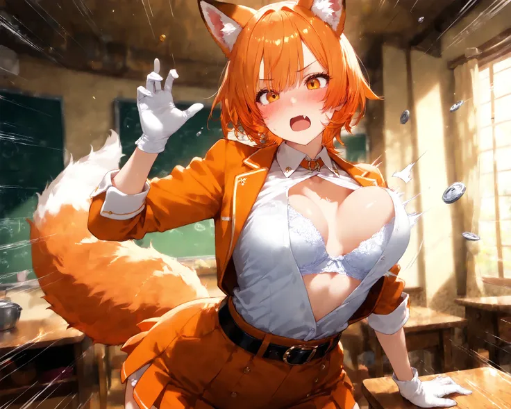 [furry girl:0.5],  shiflybutton, popped button, flying button, bursting breasts, emphasis lines, bra, medium breasts, wardrobe malfunction, unaligned breasts, bouncing breasts, open clothes, fake animal ears, ear fluffy, fake animal bright orange tail, bri...