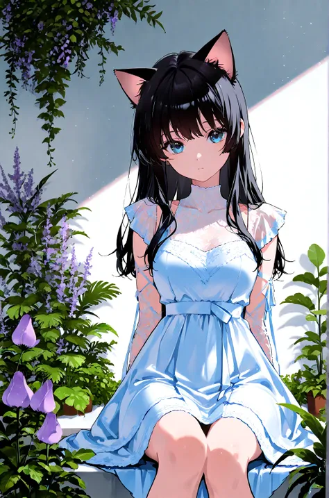 the anime girl in her dress is sitting next to plants and some purple plants, 1girl, animal ears, solo, long hair, blue eyes, sitting, looking at viewer, black hair, plant, cat ears, dress