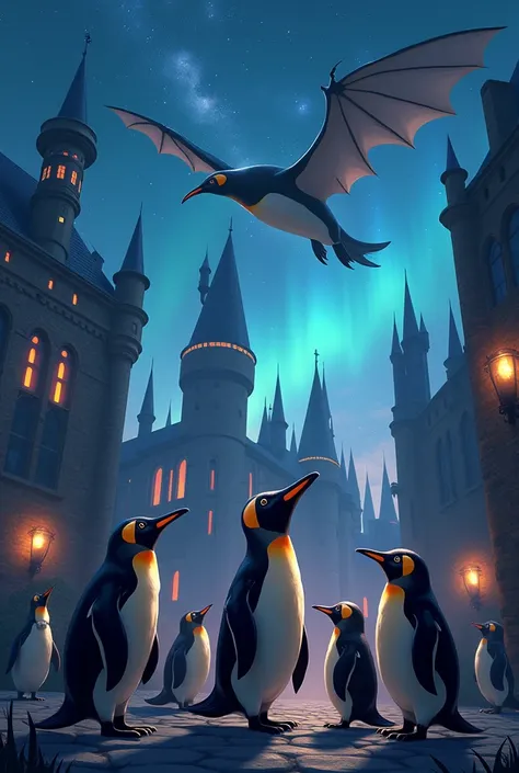 Hogwarts,  penguins instead of the main characters and a flying dragon. Night setting with shiny colors 