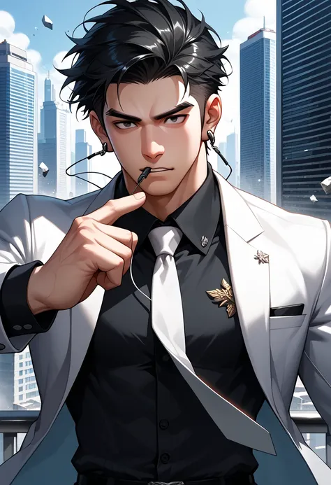 8k,masterpiece, best quality, super high resolution, high resolution, handsome, muscular body, 20s, 1man, short hair, M, black hair , Wolf cut, slanted eyes, black colored eyes, earphones, (white suit, white tie, black shirts, long black sleeve), very deta...