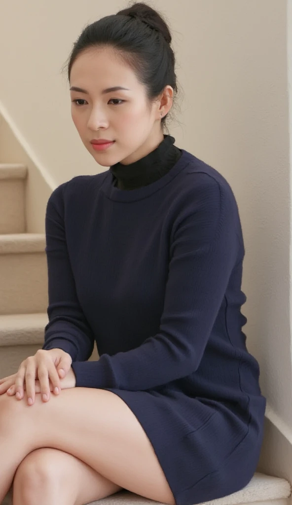     High Definition  ,  masterpiece,  accurate,     anatomically correct ,    one girl ,  alone, Japanese Wife、40 years old、  navy blue knit dress  、   Black High Neck Inner  ,    she's sitting on the stairs  , close-up, (  she's sitting on the stairs  :1....